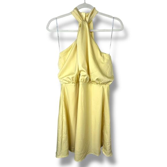 Lulus NWOT Sleek Essence Light Yellow Satin Halter Sleeveless Mini Dress Medium - Picture 3 of 11